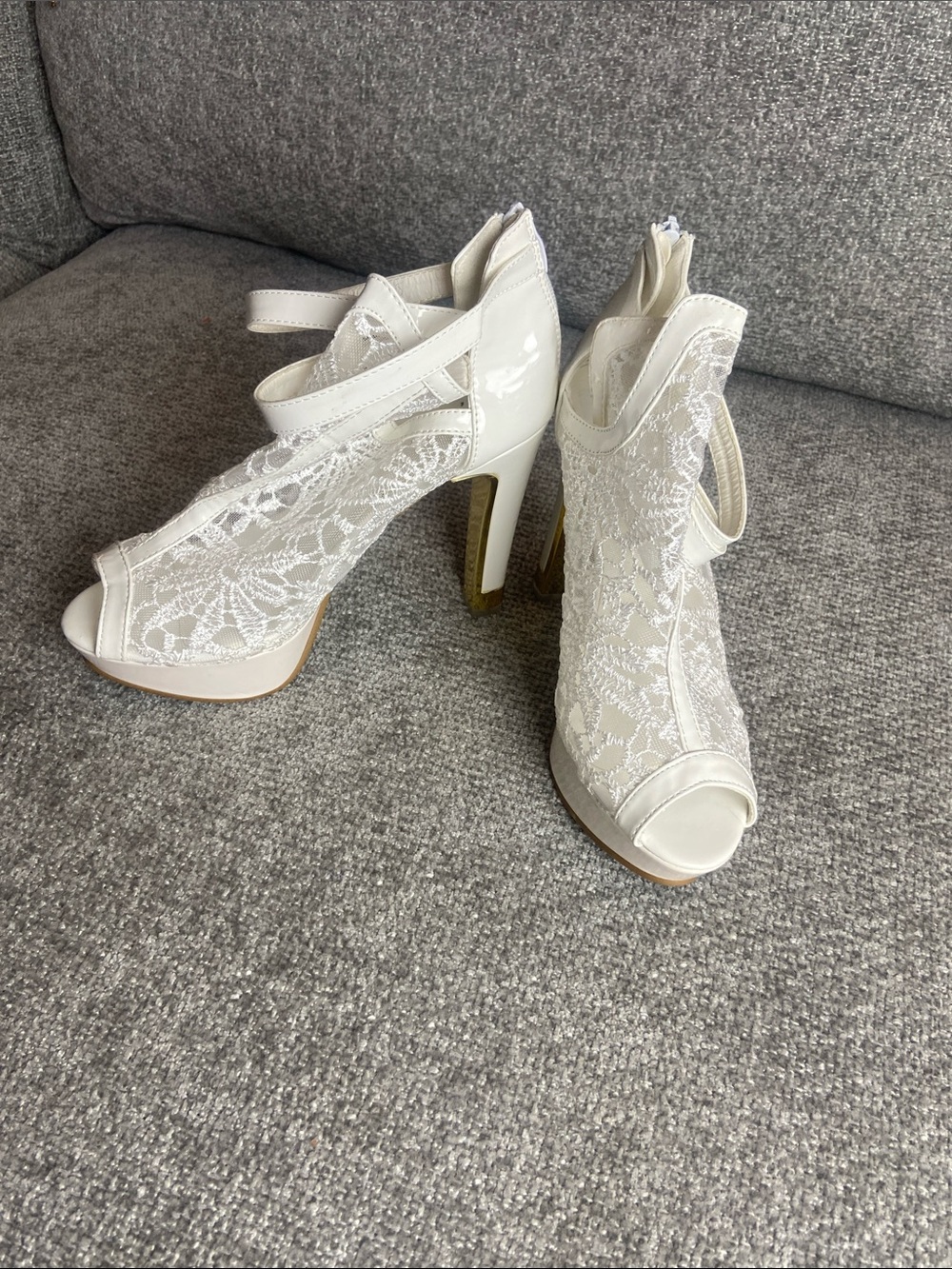 Lace Peep-Toe High Heel Booties with Ankle Strap - White size 9